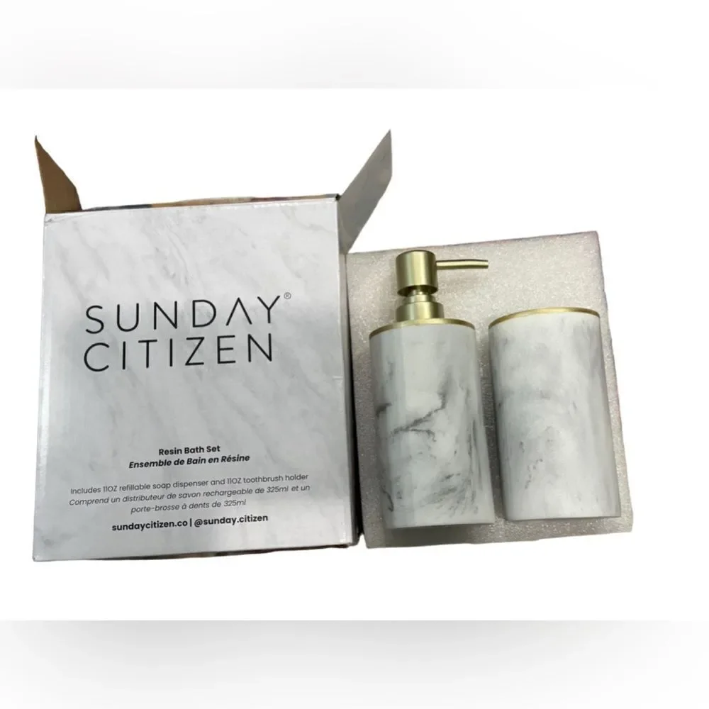 NEW Sunday Citizen Soap Dispenser and Toothbrush Holder Faux Marble gold accents